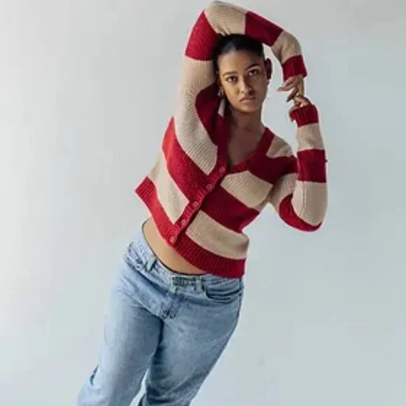 American Eagle Rugby Striped Cardigan Sweater Red XS - Picture 9 of 10